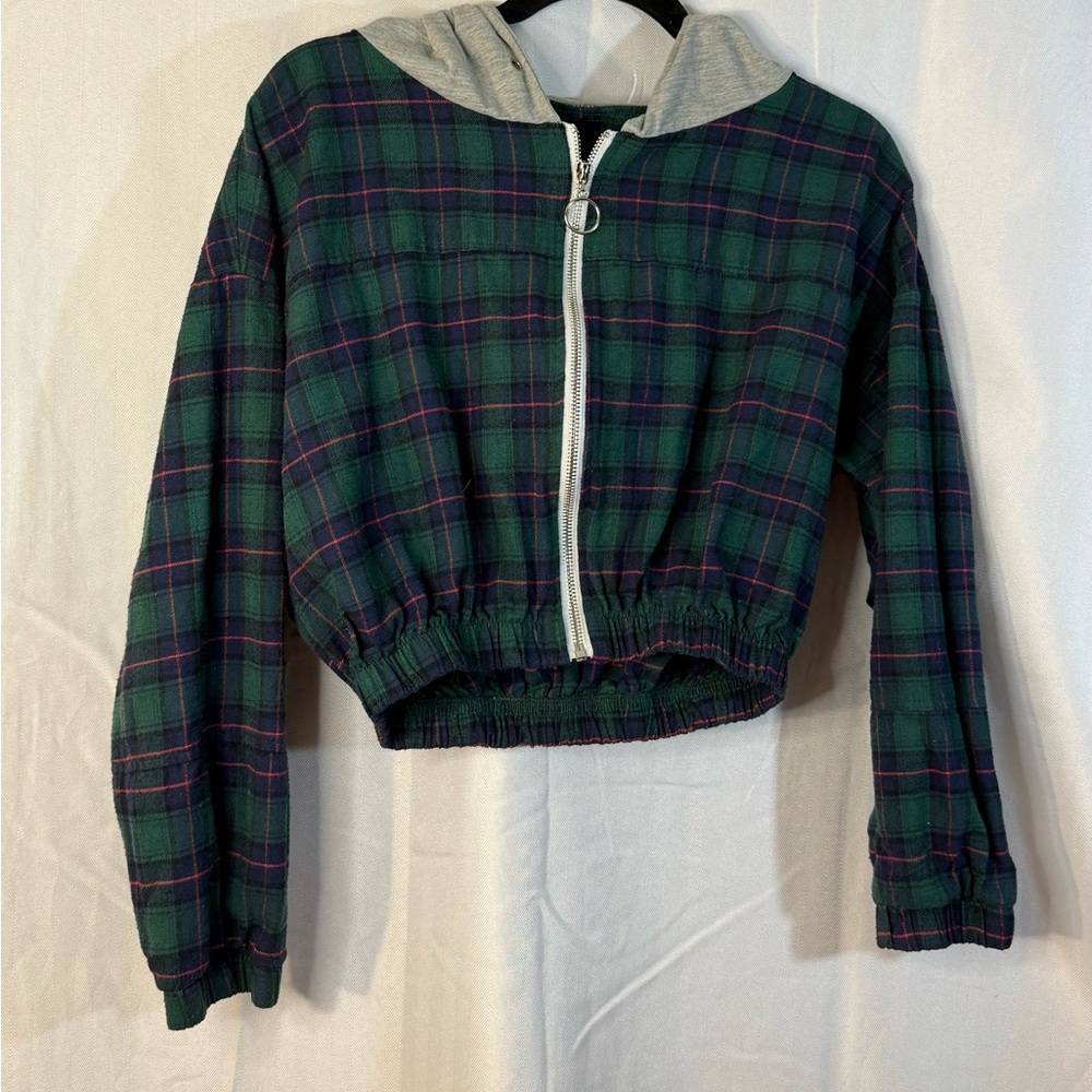 Green Plaid Bomber Jacket with Hood